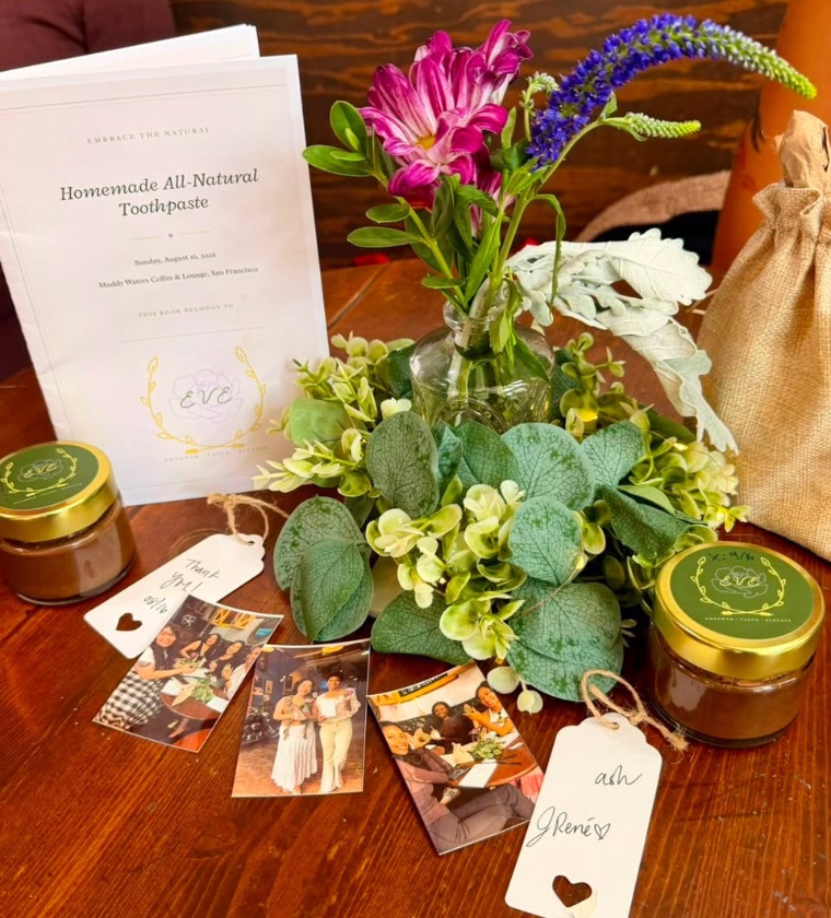 An EVE gathering — workshop booklet, candles, and flowers on the table